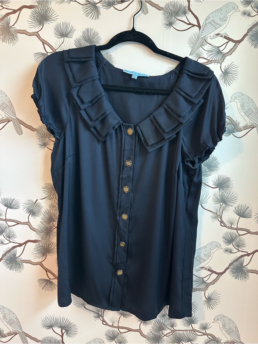 Antonio Melani 93% Silk Ruffle Collar Button Front Blouse Navy Medium